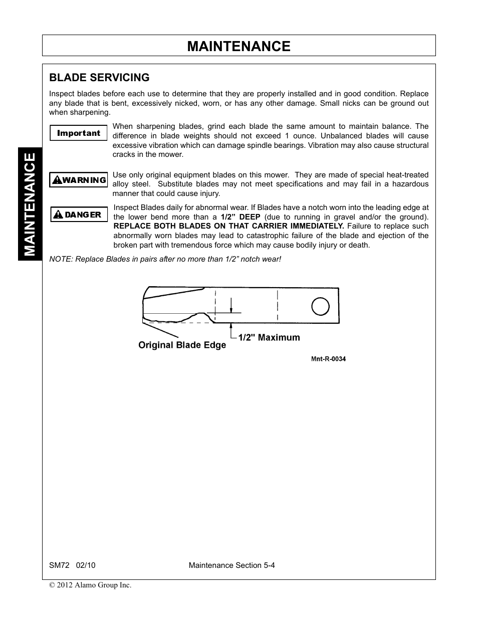 Blade servicing, Blade servicing -4, Maintenance | Alamo RHINO SM72 User Manual | Page 128 / 136