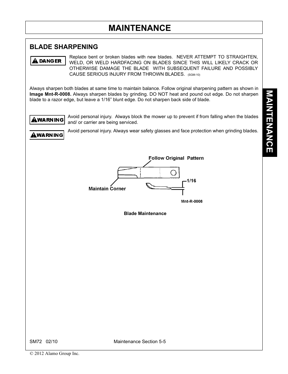 Blade sharpening, Blade sharpening -5, Maintenance | Alamo RHINO SM72 User Manual | Page 129 / 136