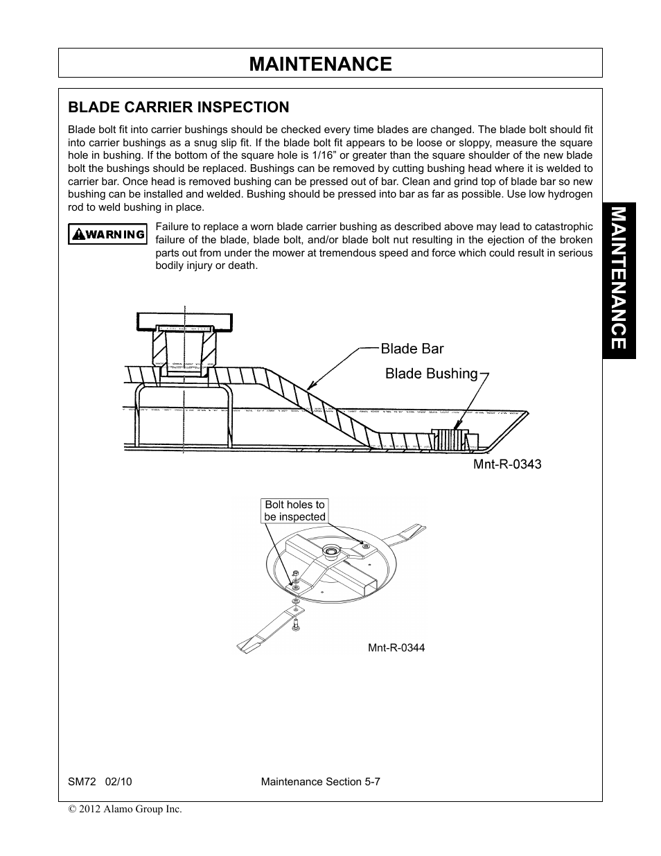 Blade carrier inspection, Blade carrier inspection -7, Maintenance | Alamo RHINO SM72 User Manual | Page 131 / 136