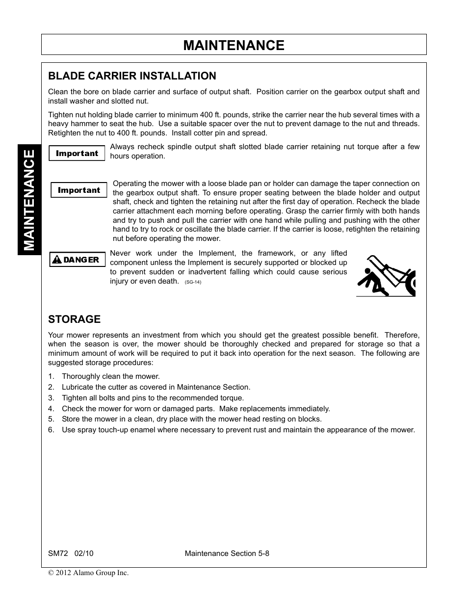 Blade carrier installation, Storage, Thoroughly clean the mower | Blade carrier installation -8 storage -8, Maintenance | Alamo RHINO SM72 User Manual | Page 132 / 136