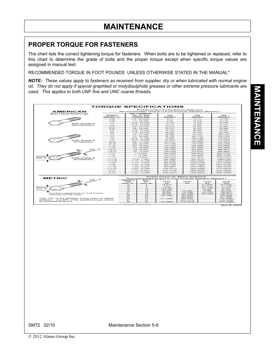 Proper torque for fasteners, Proper torque for fasteners -9, Maintenance | Alamo RHINO SM72 User Manual | Page 133 / 136