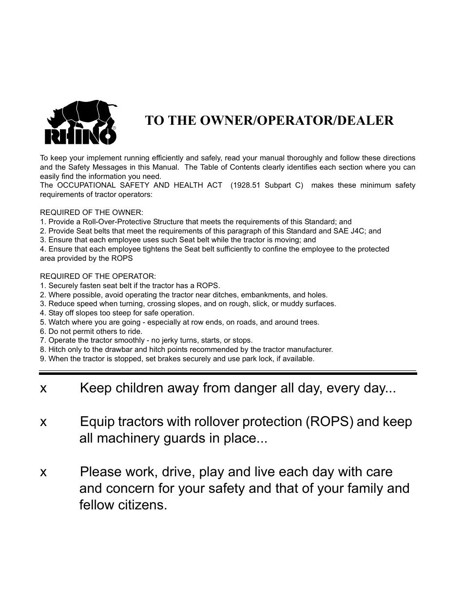 To the owner/operator/dealer | Alamo RHINO SM72 User Manual | Page 135 / 136