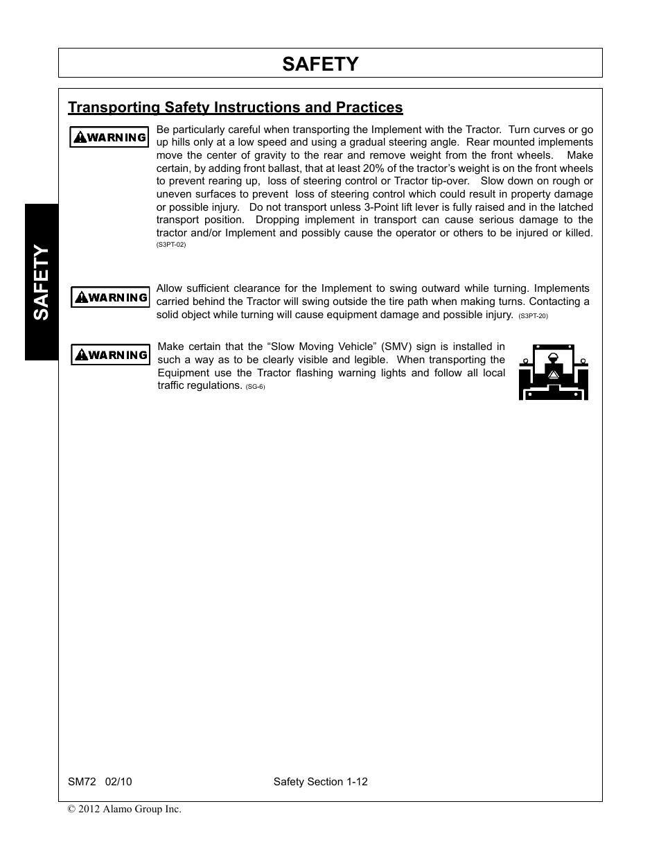 Transporting safety instructions and practices, Transporting safety instructions and practices -12, Safety | Alamo RHINO SM72 User Manual | Page 18 / 136