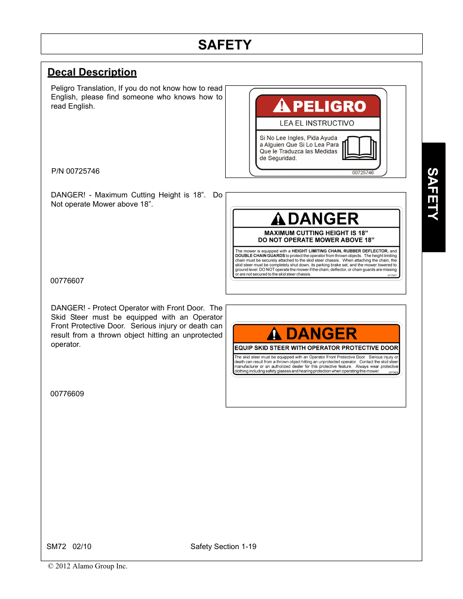 Decal description, Decal description -19, Safety | Alamo RHINO SM72 User Manual | Page 25 / 136