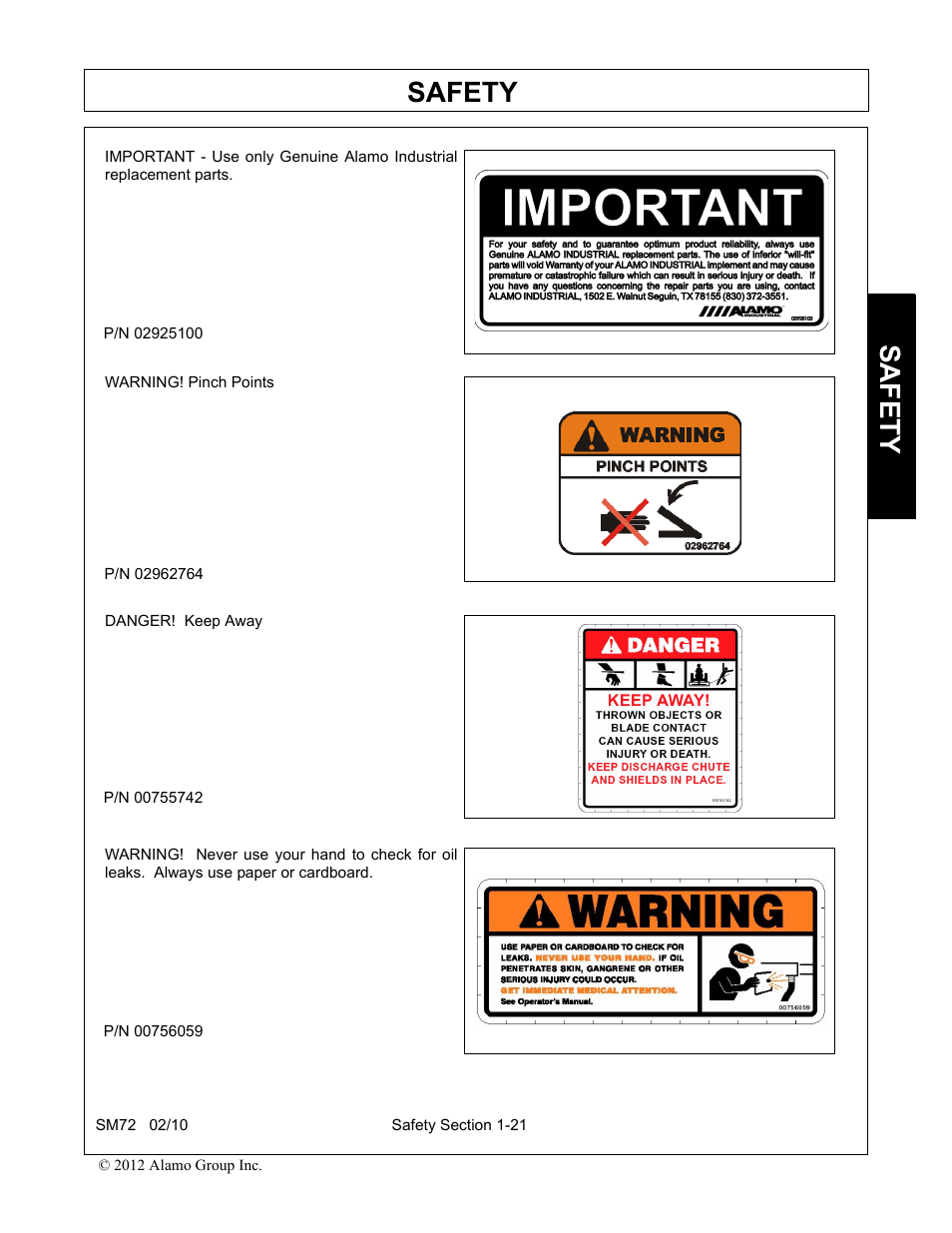 Safety | Alamo RHINO SM72 User Manual | Page 27 / 136