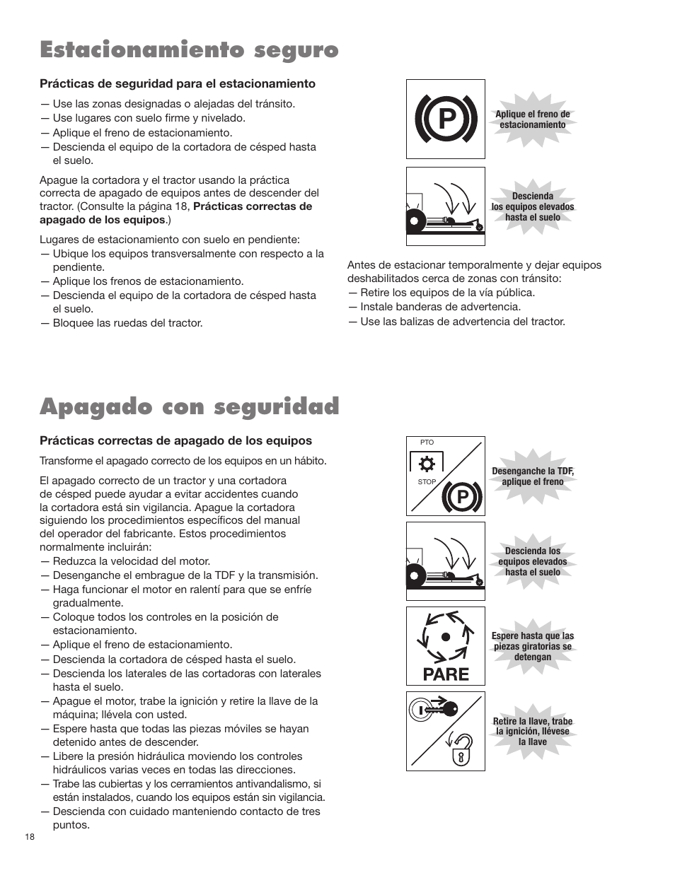 Estacionamiento seguro, Apagado con seguridad | Alamo RHINO SM72 User Manual | Page 74 / 136