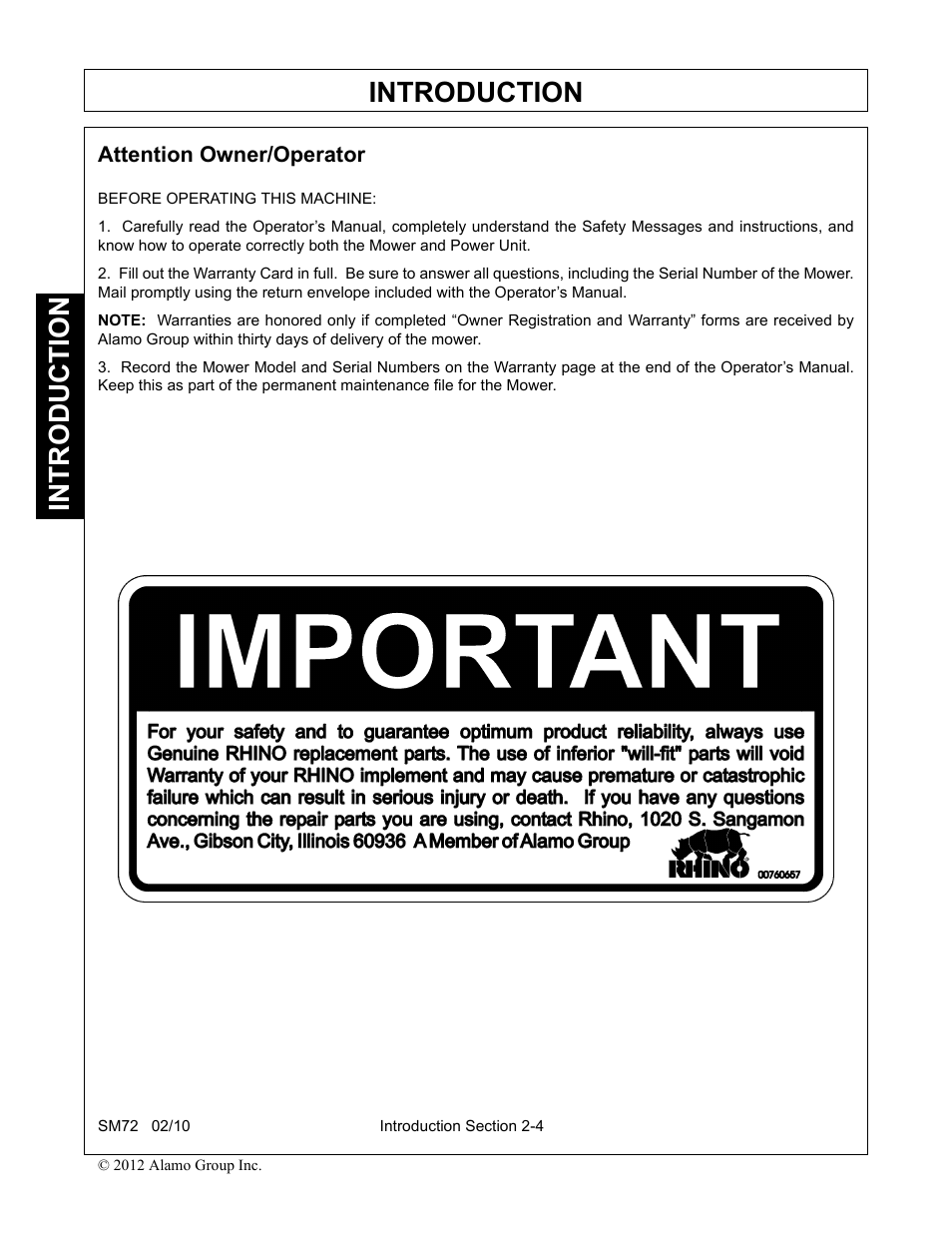 Introduction | Alamo RHINO SM72 User Manual | Page 86 / 136