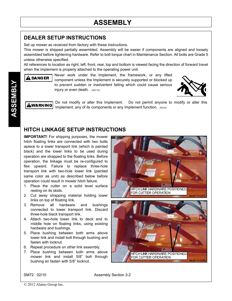 Dealer setup instructions, Hitch linkage setup instructions, Repeat procedure on other link assembly | Assembly, Assembl y | Alamo RHINO SM72 User Manual | Page 88 / 136