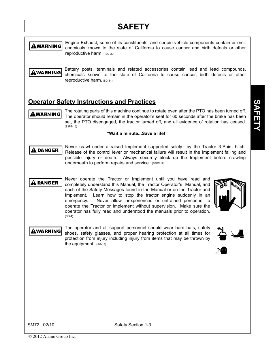 Operator safety instructions and practices, Operator safety instructions and practices -3, Safety | Alamo RHINO SM72 User Manual | Page 9 / 136