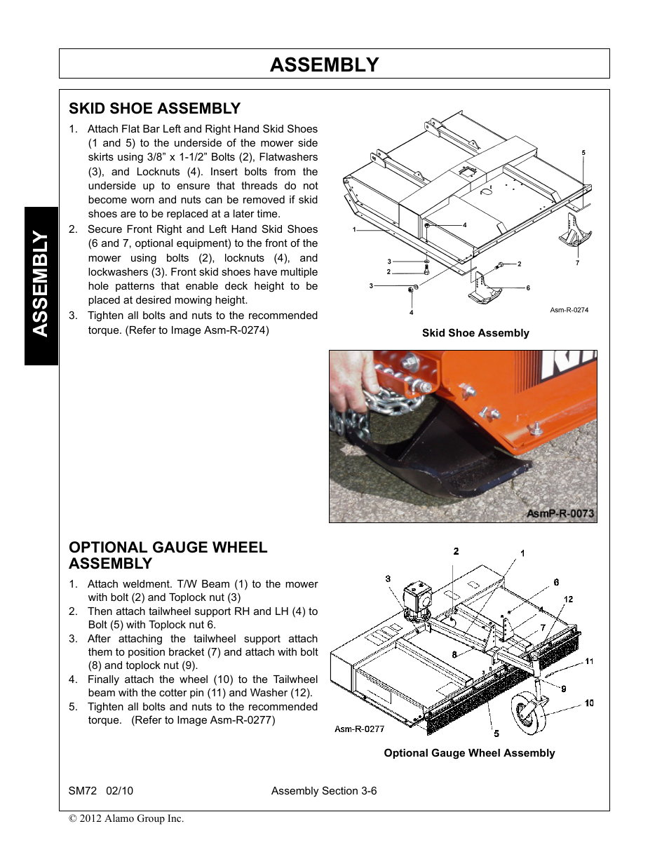 Skid shoe assembly, Optional gauge wheel assembly, Assembly | Assembl y | Alamo RHINO SM72 User Manual | Page 92 / 136
