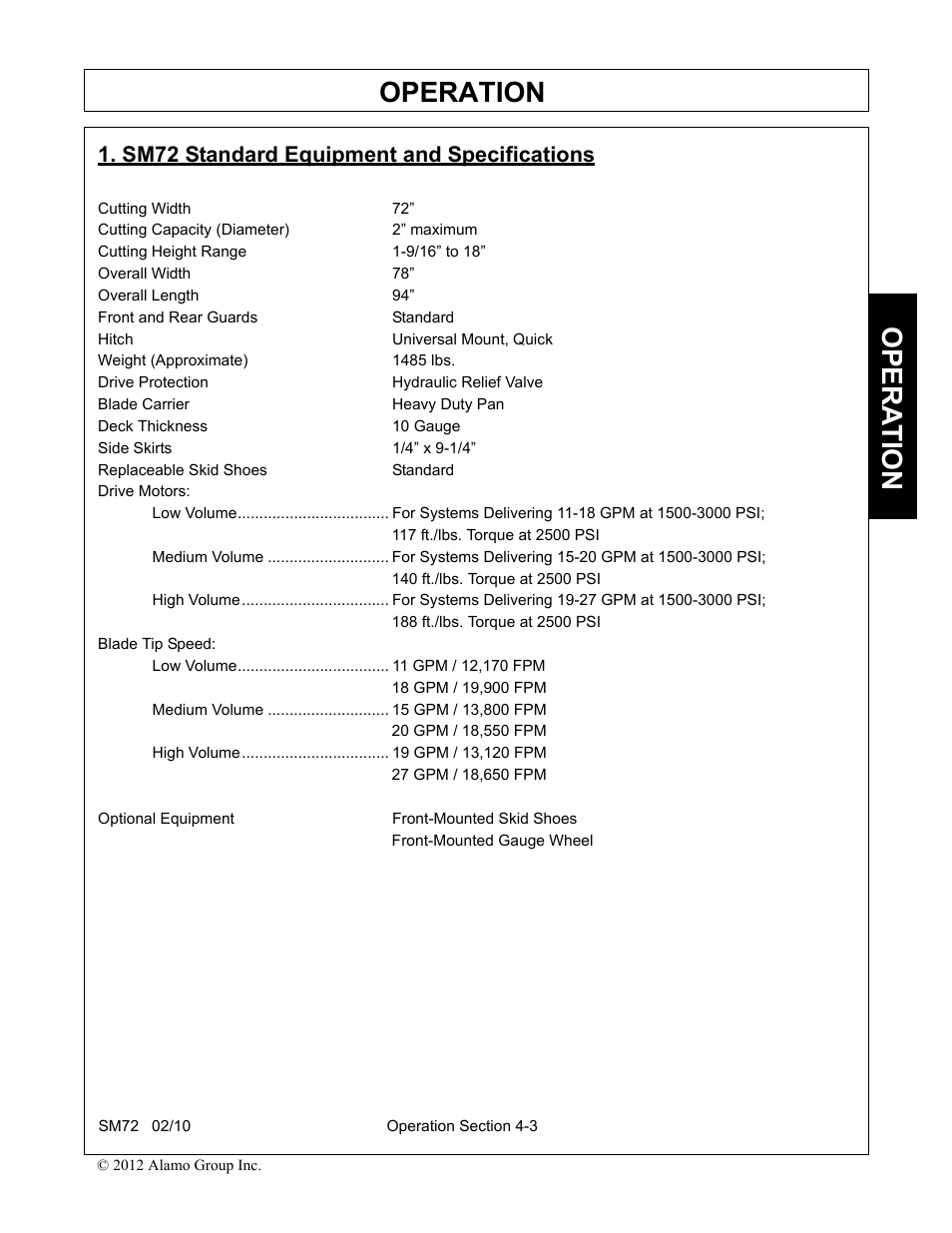 Sm72 standard equipment and specifications, Sm72 standard equipment and specifications -3, Operation | Opera t ion | Alamo RHINO SM72 User Manual | Page 95 / 136