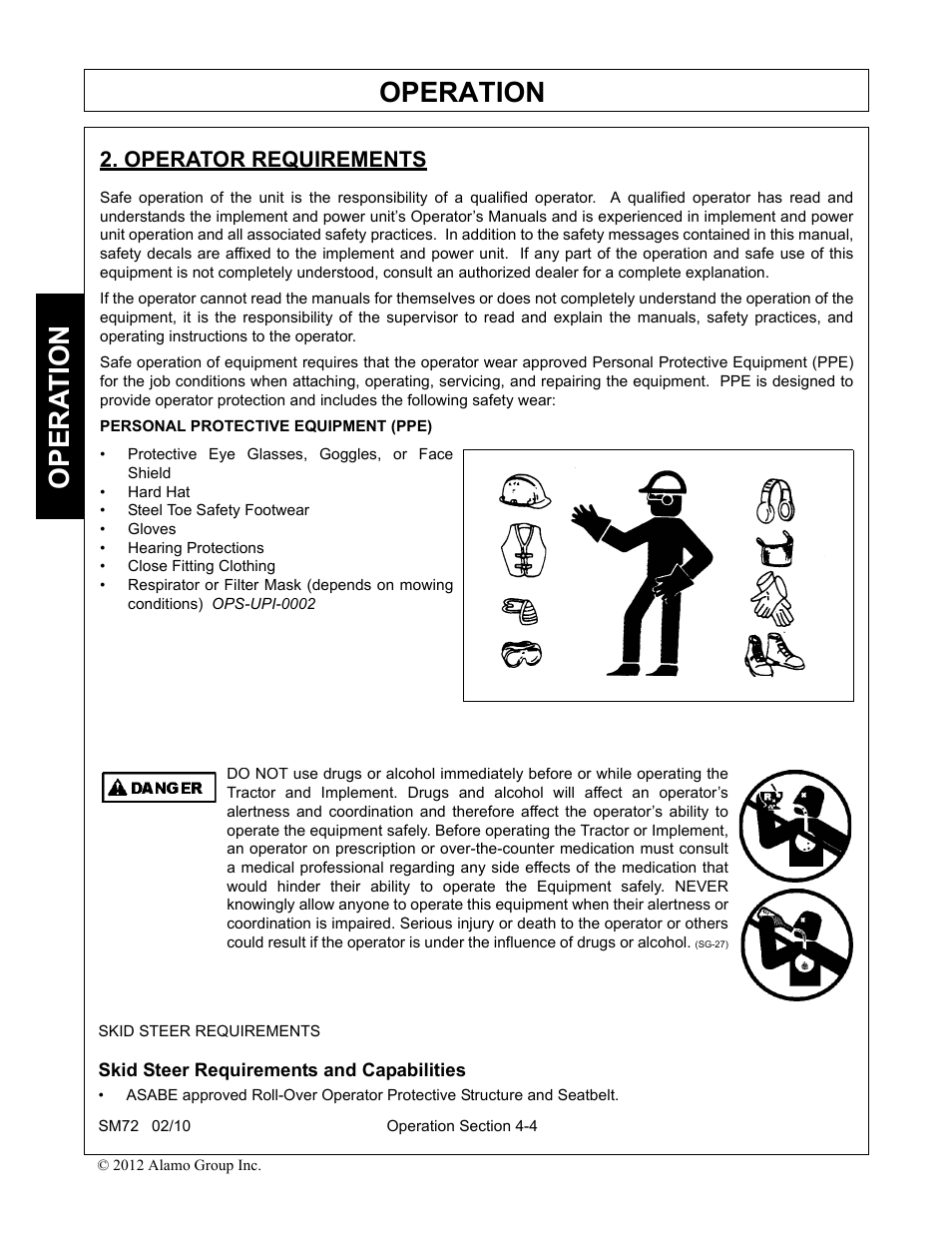 Operator requirements, Skid steer requirements and capabilities, Operator requirements -4 | Operation, Opera t ion | Alamo RHINO SM72 User Manual | Page 96 / 136