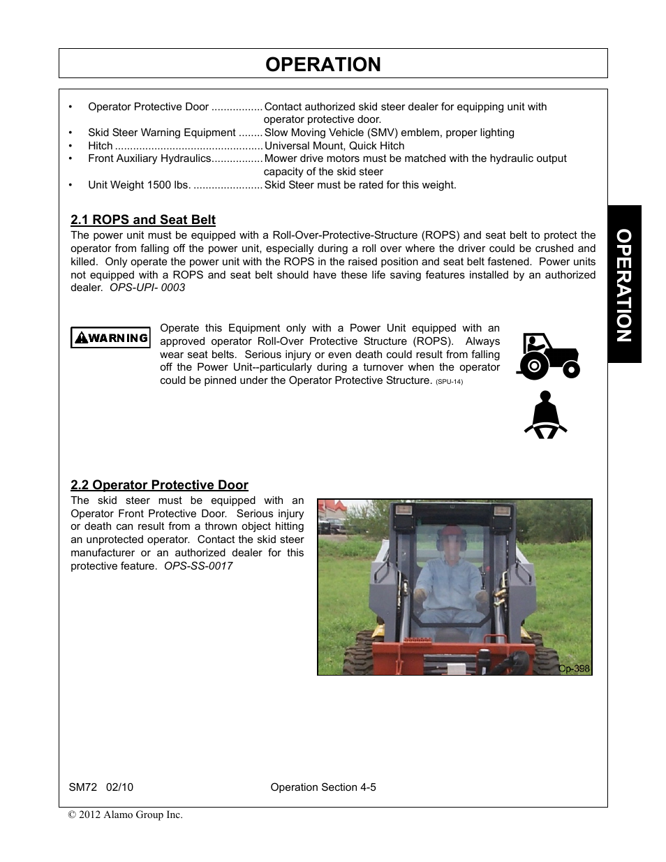 1 rops and seat belt, 2 operator protective door, Rops and seat belt -5 operator protective door -5 | Operation, Opera t ion | Alamo RHINO SM72 User Manual | Page 97 / 136