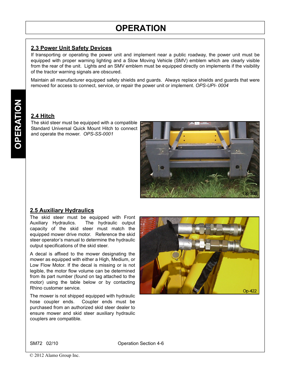 3 power unit safety devices, 4 hitch, 5 auxiliary hydraulics | Operation, Opera t ion | Alamo RHINO SM72 User Manual | Page 98 / 136