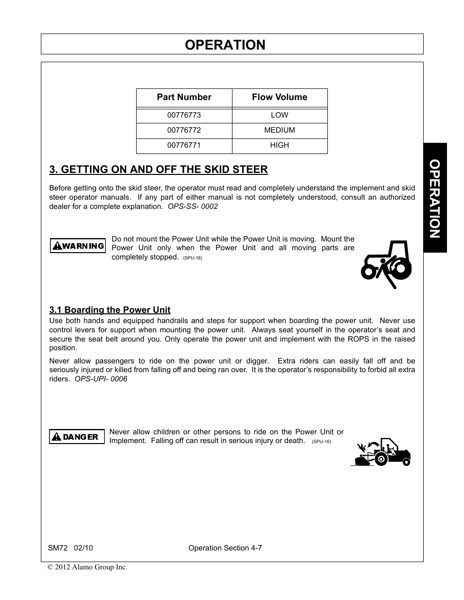 Getting on and off the skid steer, 1 boarding the power unit, Operation | Opera t ion | Alamo RHINO SM72 User Manual | Page 99 / 136