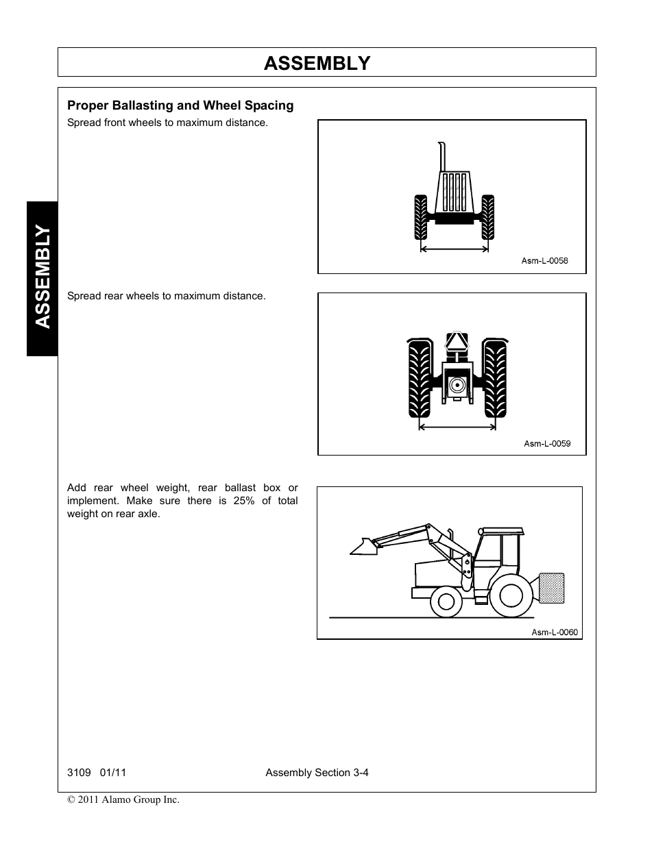Proper ballasting and wheel spacing, Proper ballasting and wheel spacing -4, Assembly | Assembl y | Alamo 3109 User Manual | Page 38 / 104