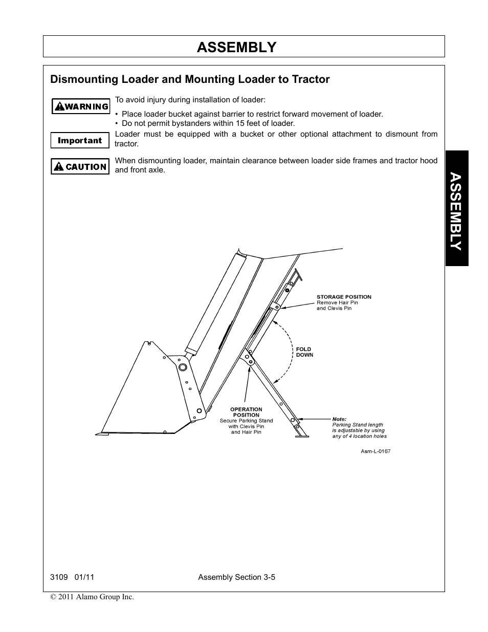 Dismounting loader and mounting loader to tractor, Assembly, Assembl y | Alamo 3109 User Manual | Page 39 / 104