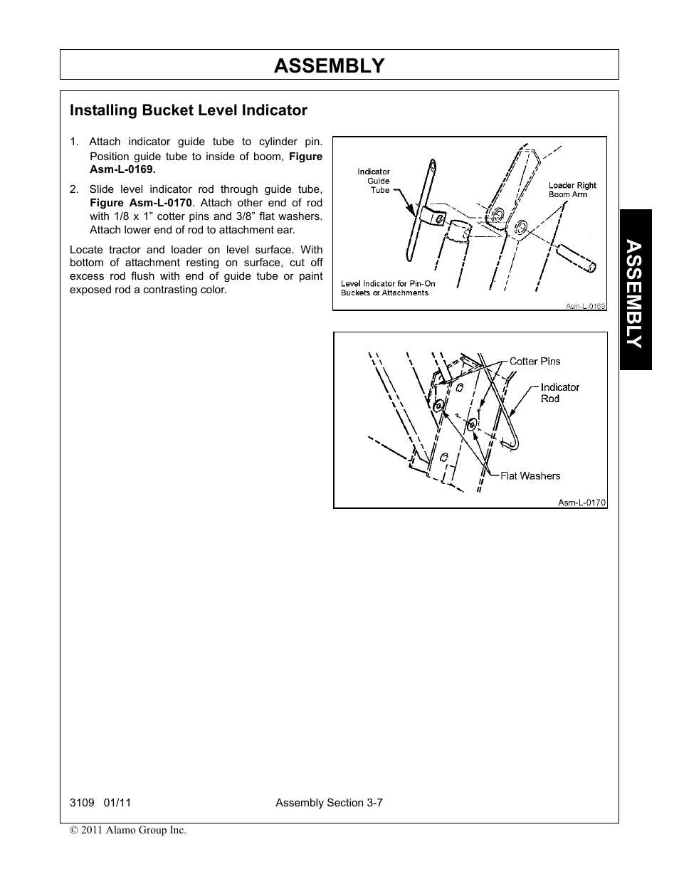 Installing bucket level indicator, Installing bucket level indicator -7, Assembly | Assembl y | Alamo 3109 User Manual | Page 41 / 104