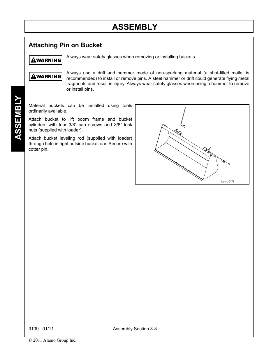 Attaching pin on bucket, Attaching pin on bucket -8, Assembly | Assembl y | Alamo 3109 User Manual | Page 42 / 104