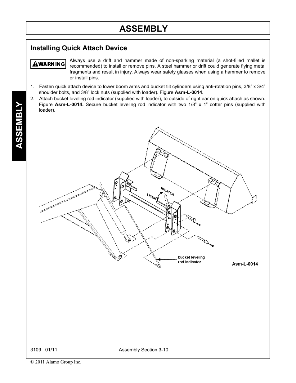 Installing quick attach device, Installing quick attach device -10, Assembly | Assembl y | Alamo 3109 User Manual | Page 44 / 104