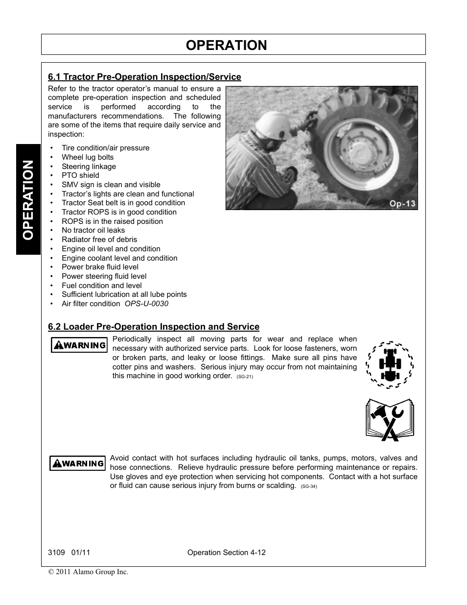 1 tractor pre-operation inspection/service, 2 loader pre-operation inspection and service, Operation | Opera t ion | Alamo 3109 User Manual | Page 58 / 104