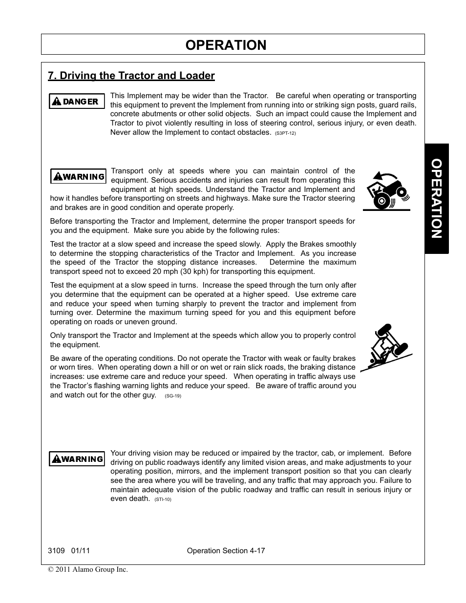 Driving the tractor and loader, Driving the tractor and loader -17, Operation | Opera t ion | Alamo 3109 User Manual | Page 63 / 104