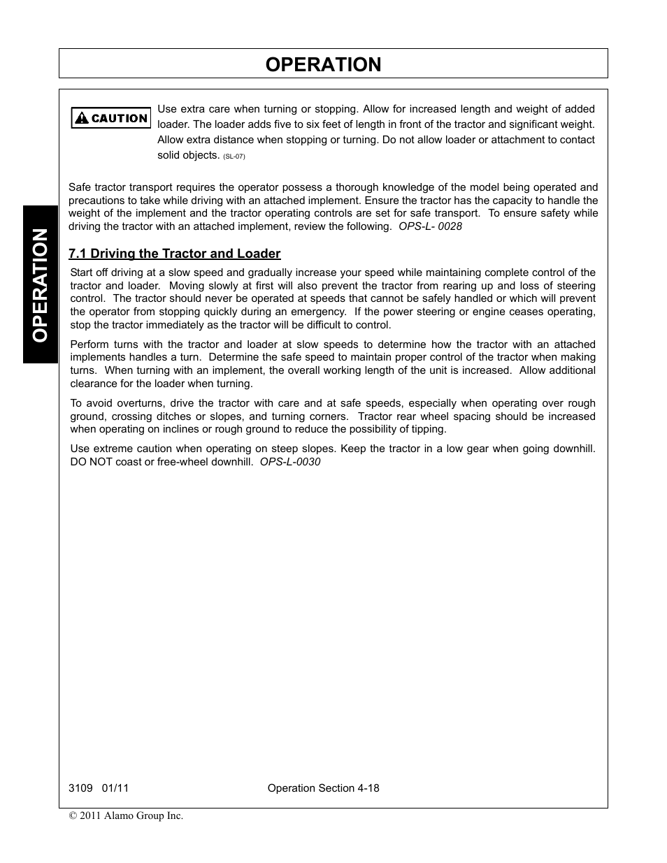 1 driving the tractor and loader, Driving the tractor and loader -18, Operation | Opera t ion | Alamo 3109 User Manual | Page 64 / 104