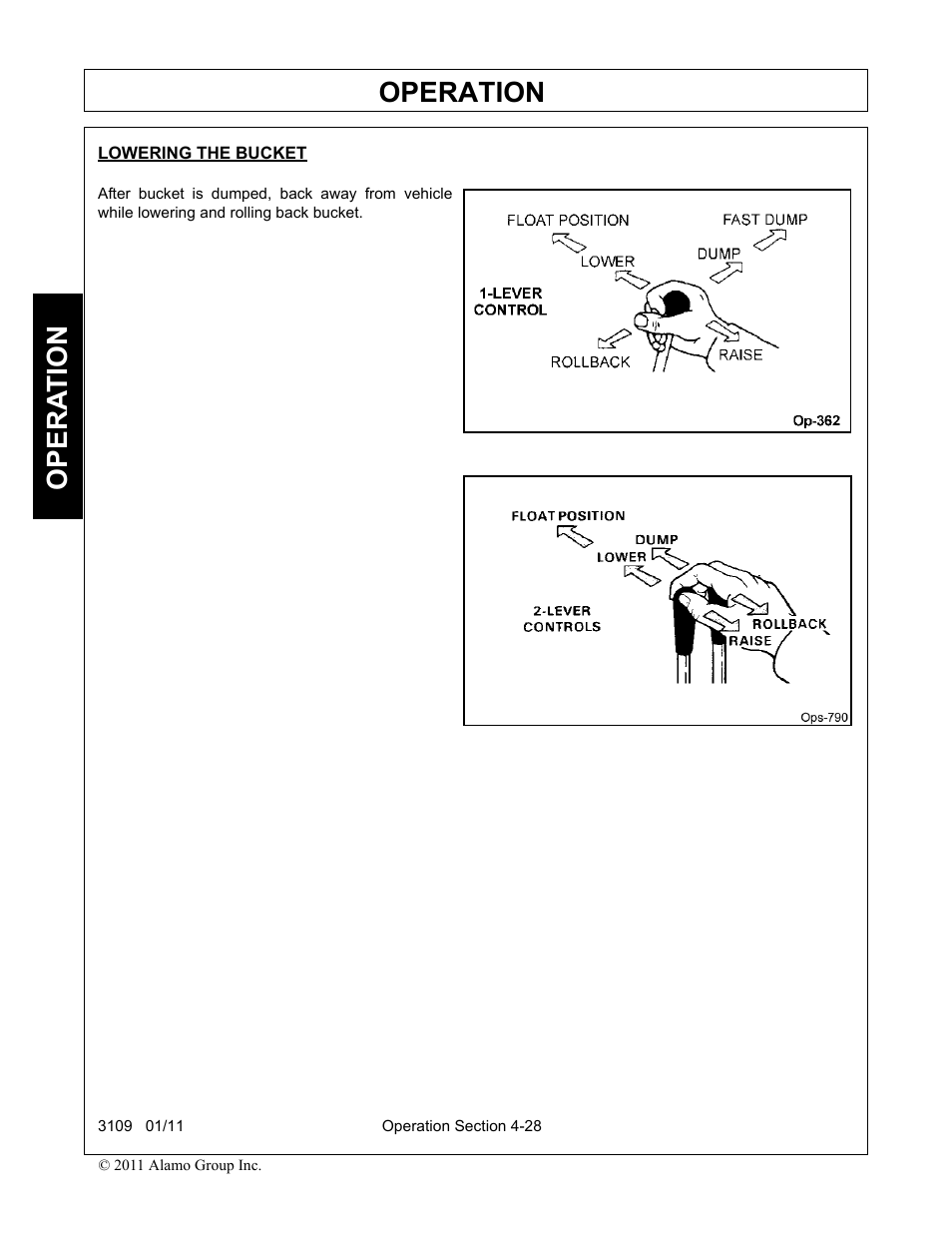 Lowering the bucket, Operation, Opera t ion | Alamo 3109 User Manual | Page 74 / 104