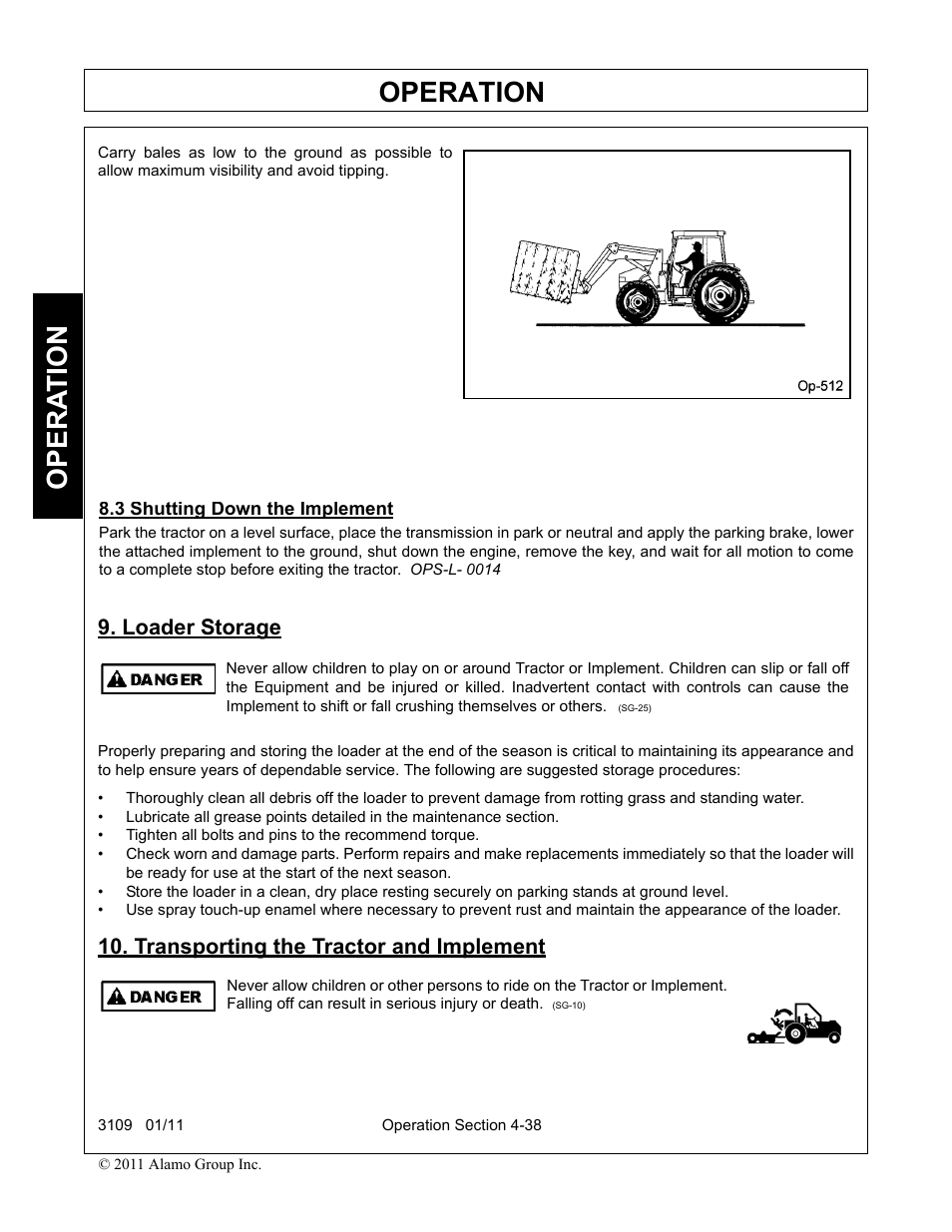 3 shutting down the implement, Loader storage, Transporting the tractor and implement | Operation, Opera t ion | Alamo 3109 User Manual | Page 84 / 104