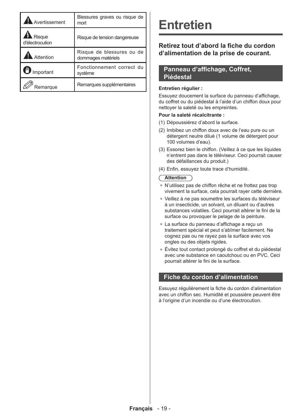 Entretien, Fiche du cordon d’alimentation | Panasonic TX39AW304 User Manual | Page 20 / 89