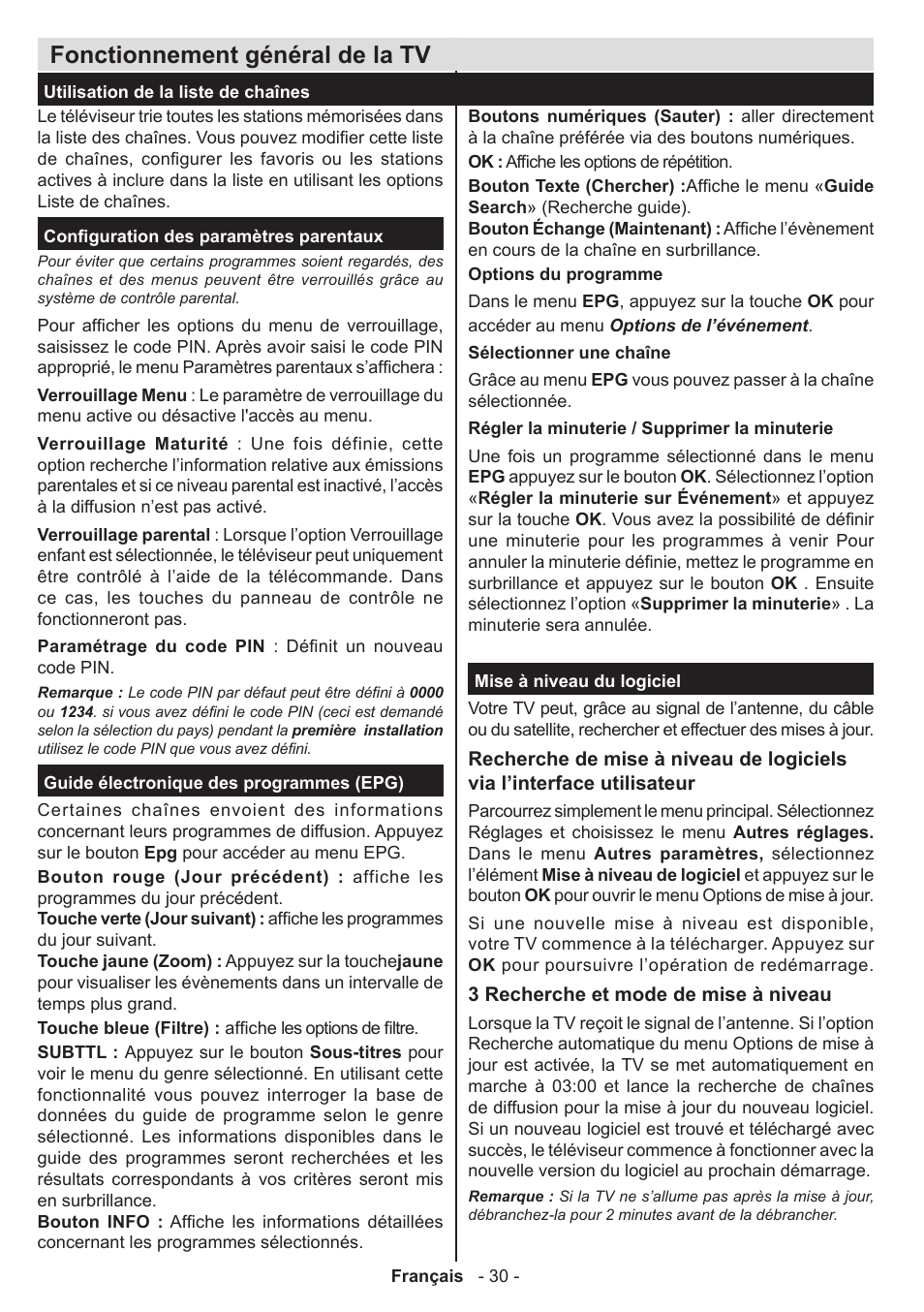 Fonctionnement général de la tv | Panasonic TX39AW304 User Manual | Page 31 / 89