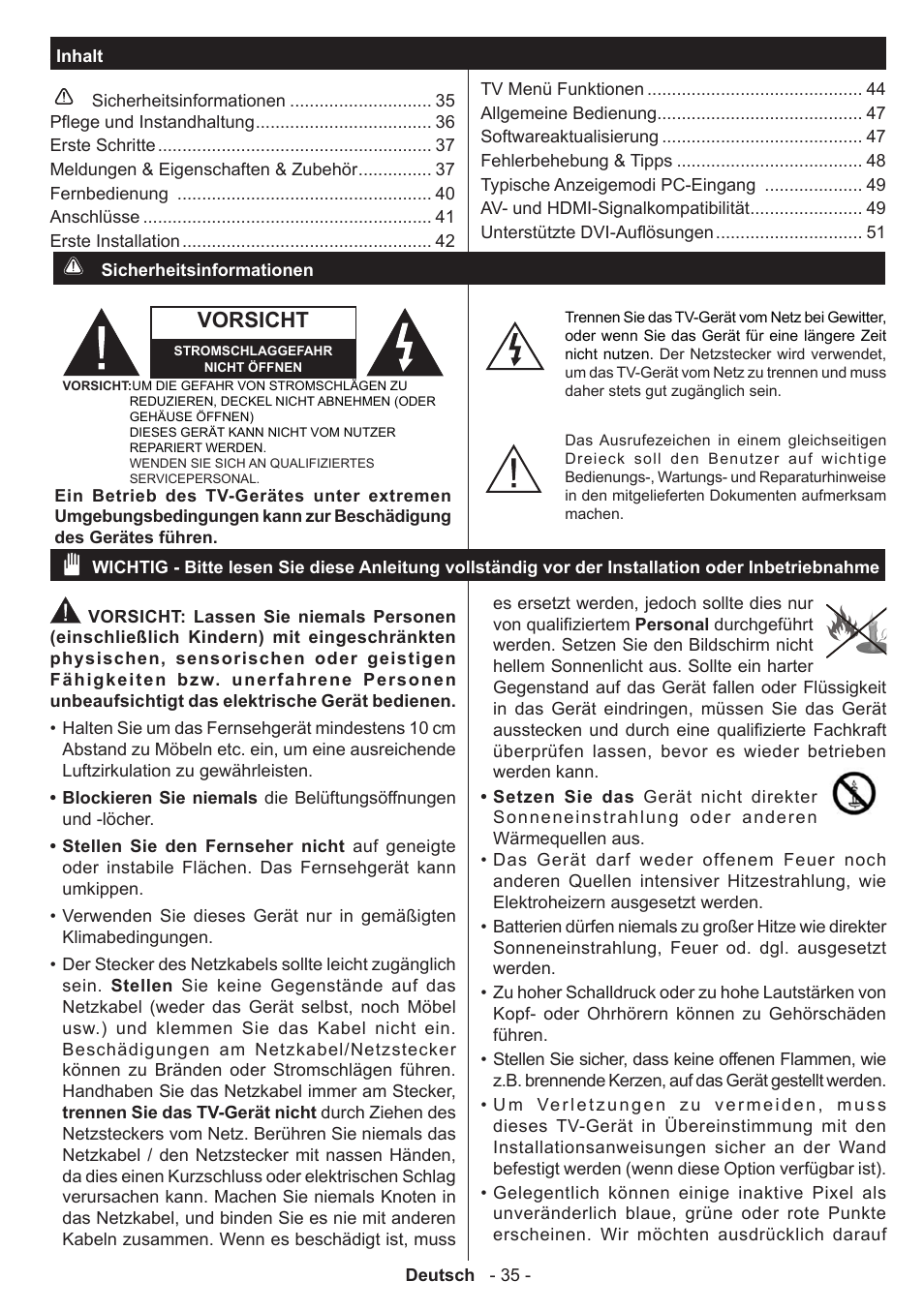 Vorsicht | Panasonic TX39AW304 User Manual | Page 36 / 89