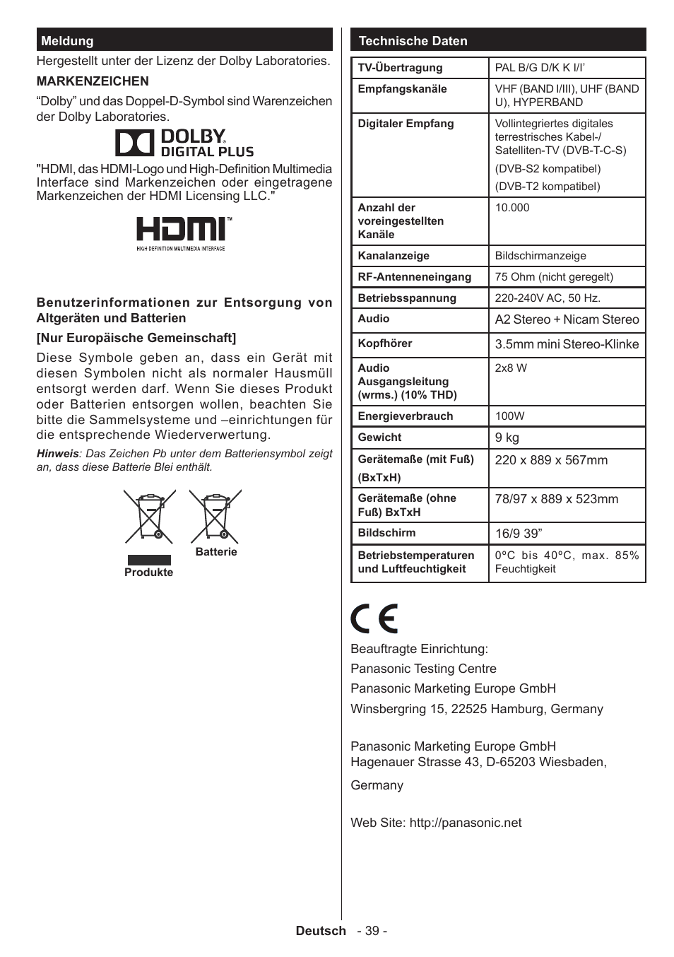 Panasonic TX39AW304 User Manual | Page 40 / 89