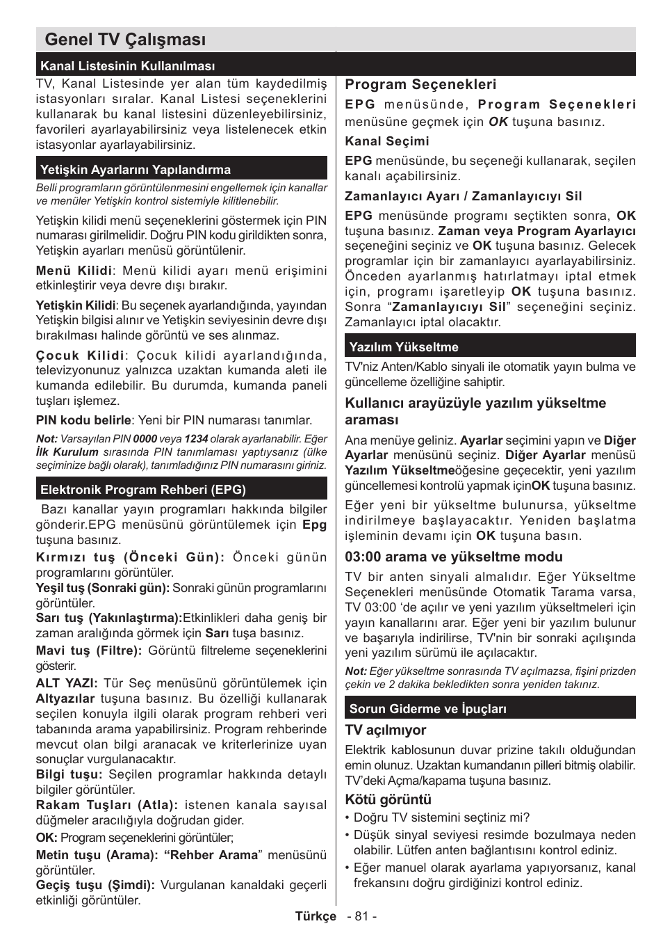 Genel tv çalışması | Panasonic TX39AW304 User Manual | Page 82 / 89