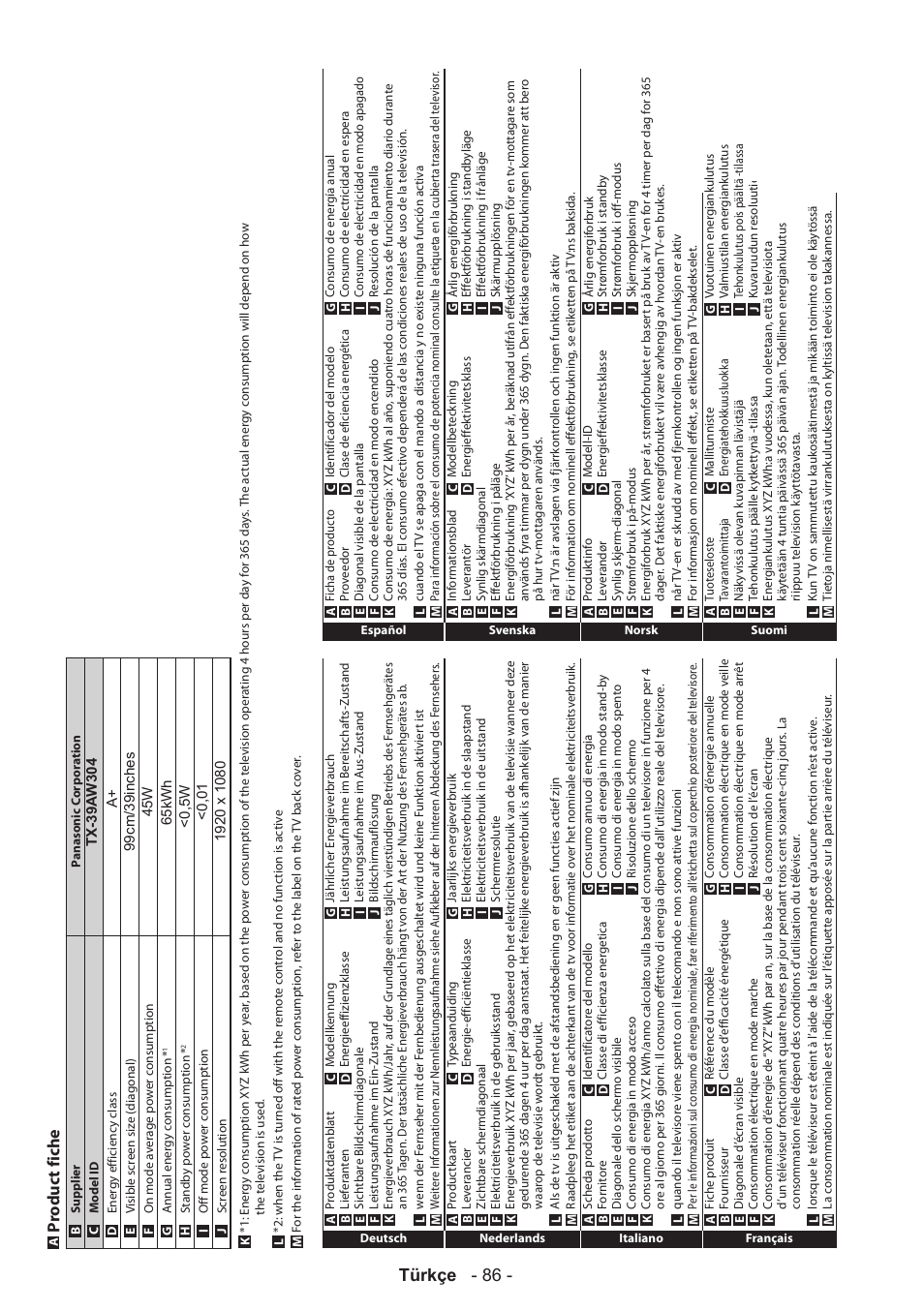 Türkçe - 86, Produc t fiche | Panasonic TX39AW304 User Manual | Page 87 / 89