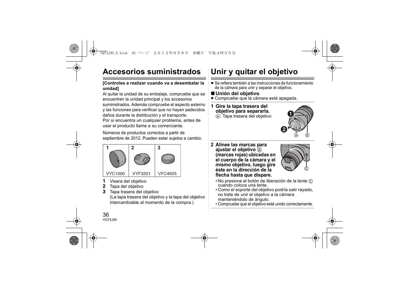 Accesorios suministrados, Unir y quitar el objetivo | Panasonic HFS45150E User Manual | Page 36 / 72