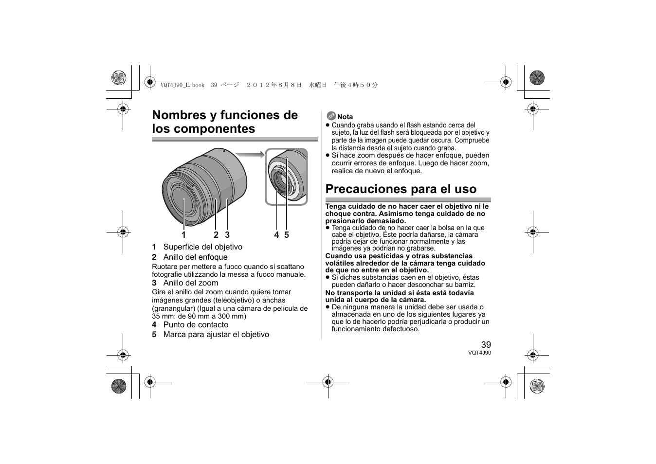Nombres y funciones de los componentes, Precauciones para el uso | Panasonic HFS45150E User Manual | Page 39 / 72