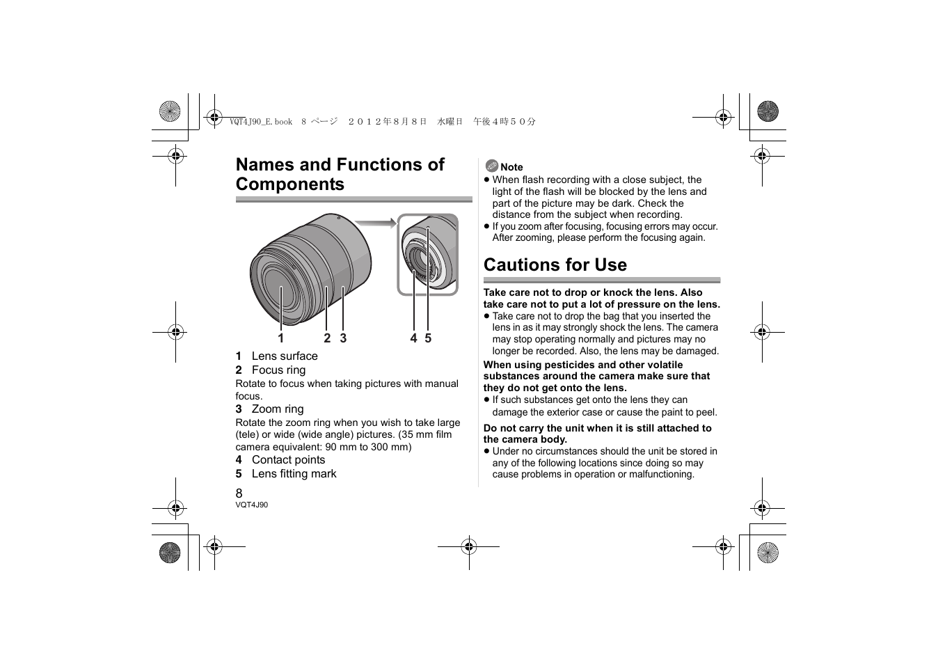 Names and functions of components, Cautions for use | Panasonic HFS45150E User Manual | Page 8 / 72