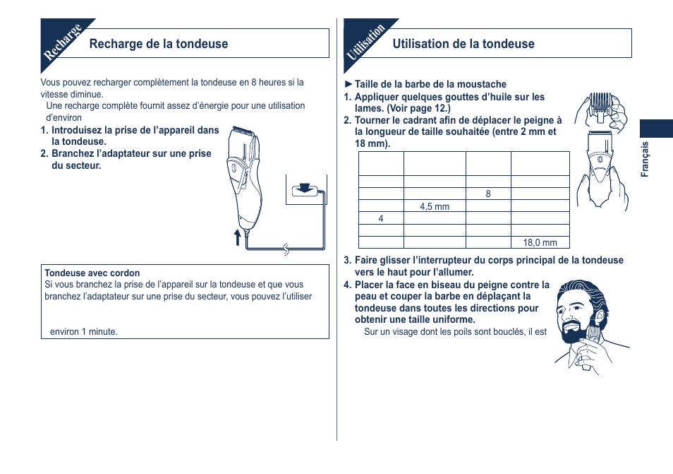 Recharge, Utilisation, Recharge de la tondeuse | Utilisation de la tondeuse | Panasonic ER2061 User Manual | Page 11 / 84