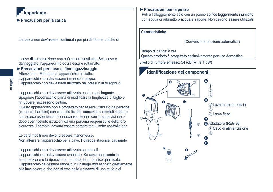 Importante, Identificazione dei componenti | Panasonic ER2061 User Manual | Page 14 / 84