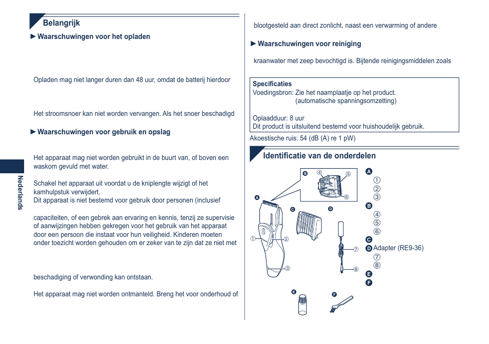 Belangrijk, Identificatie van de onderdelen | Panasonic ER2061 User Manual | Page 18 / 84