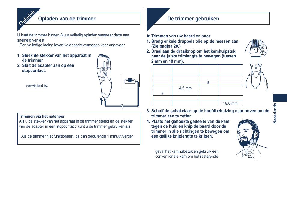 Opladen, Gebruik, Opladen van de trimmer | De trimmer gebruiken | Panasonic ER2061 User Manual | Page 19 / 84