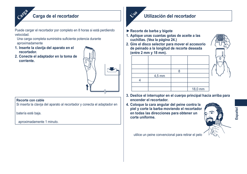 Carga, Carga de el recortador, Utilización del recortador | Panasonic ER2061 User Manual | Page 23 / 84