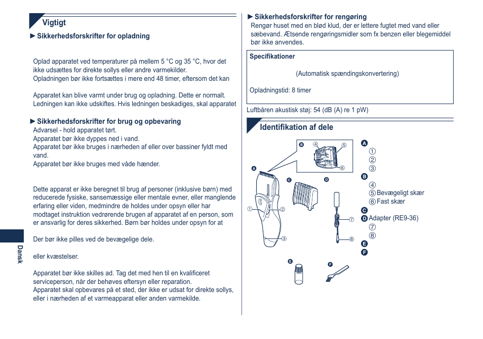 Vigtigt, Identifikation af dele | Panasonic ER2061 User Manual | Page 26 / 84