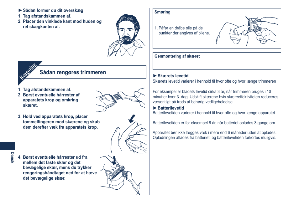 Rengøring, Sådan rengøres trimmeren | Panasonic ER2061 User Manual | Page 28 / 84