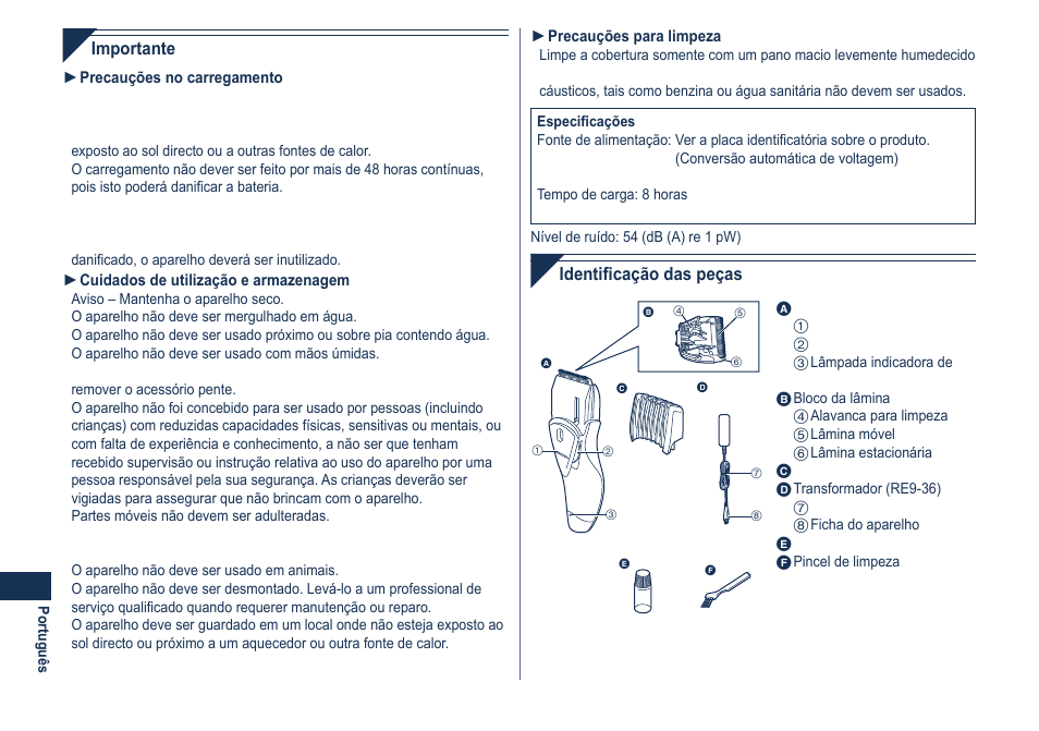 Importante, Identificação das peças | Panasonic ER2061 User Manual | Page 30 / 84