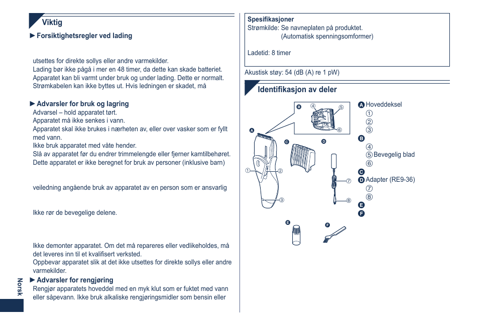 Viktig, Identifikasjon av deler | Panasonic ER2061 User Manual | Page 34 / 84