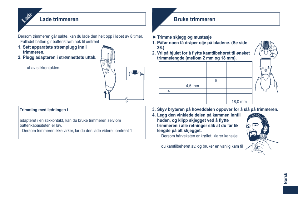 Lade, Bruk, Lade trimmeren | Bruke trimmeren | Panasonic ER2061 User Manual | Page 35 / 84