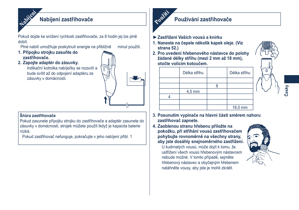 Nabíjení, Použití, Nabíjení zastřihovače | Používání zastřihovače | Panasonic ER2061 User Manual | Page 51 / 84