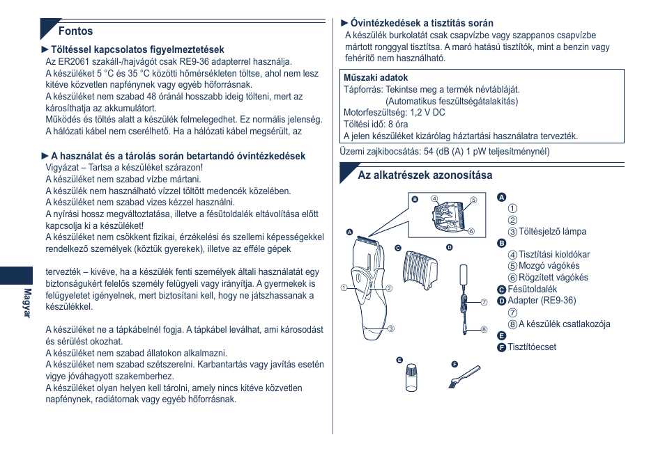 Fontos, Az alkatrészek azonosítása | Panasonic ER2061 User Manual | Page 58 / 84